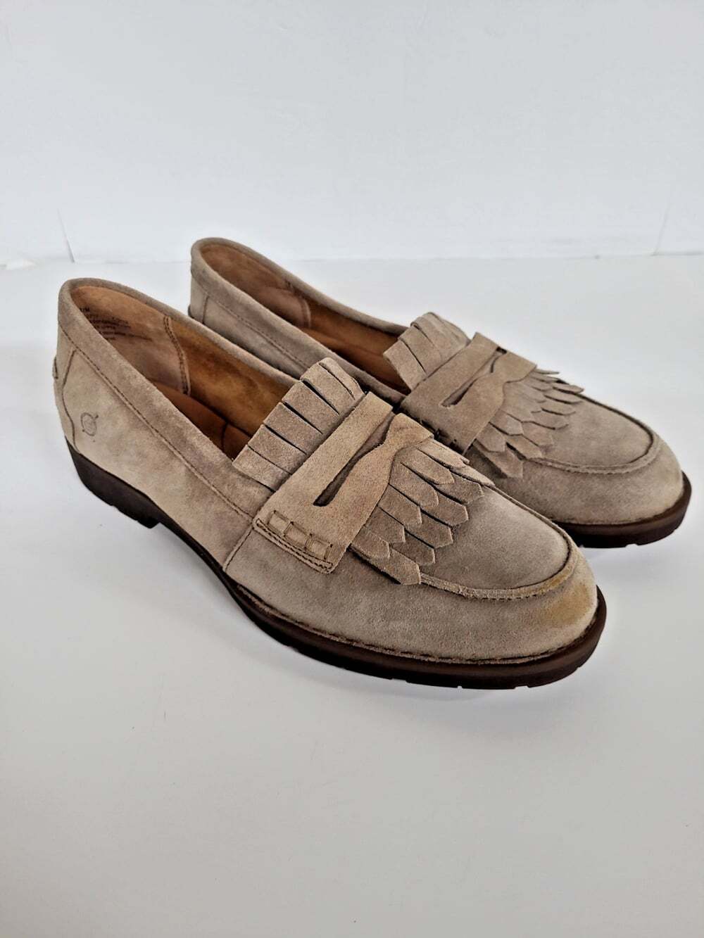 Born Suede Leather Loafers Women's Size 11 Beige with Fringe